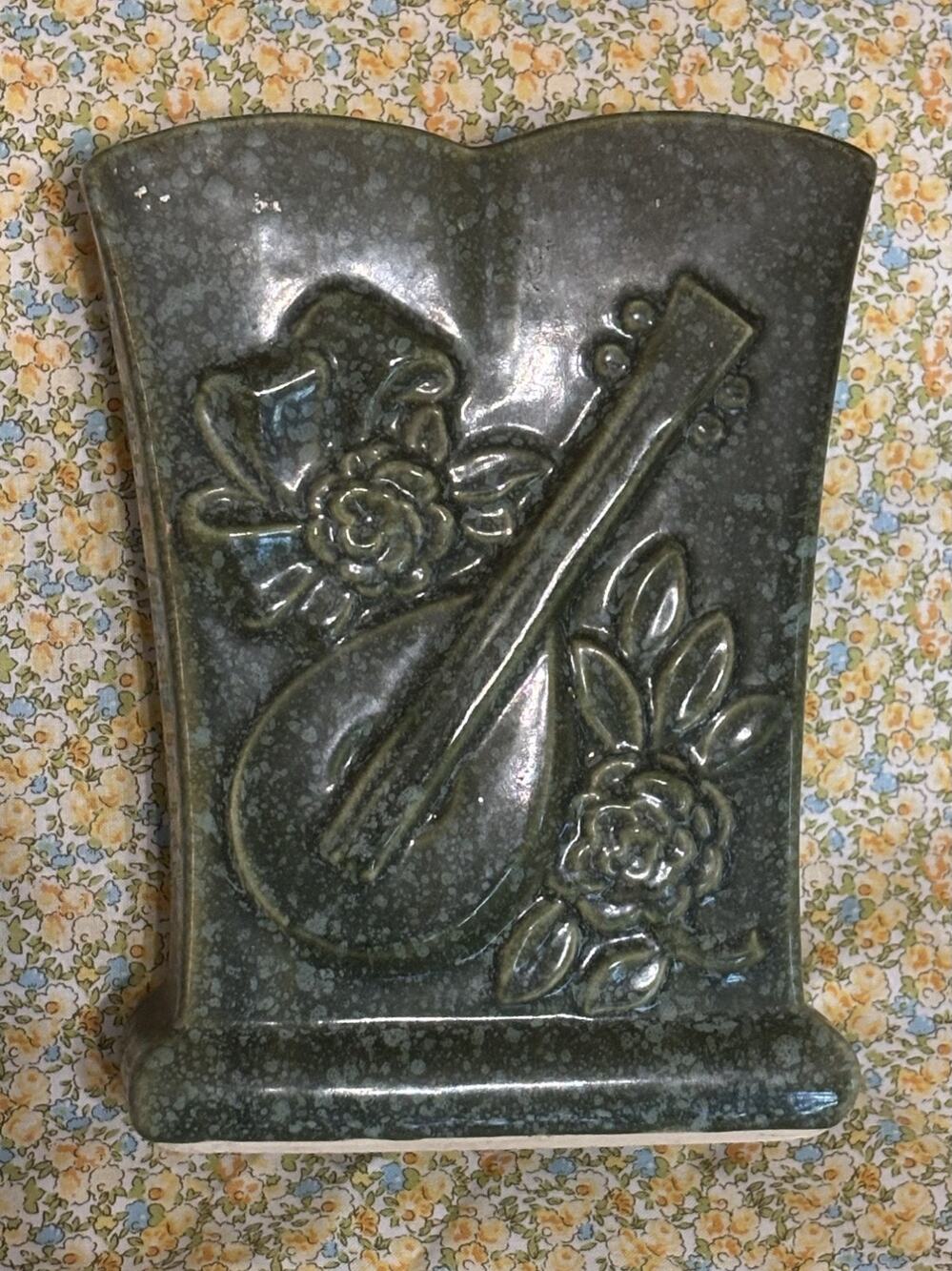Vintage Brush McCoy USA Pottery Mandolin Roses Vase Planter Green Mottled Glaze